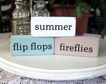 Summer Flip Flops Fireflies  Mini Shelf Sitter Blocks - Summer Sign - Stacking Blocks - Tiered Tray Display - Tiered Tray Decor