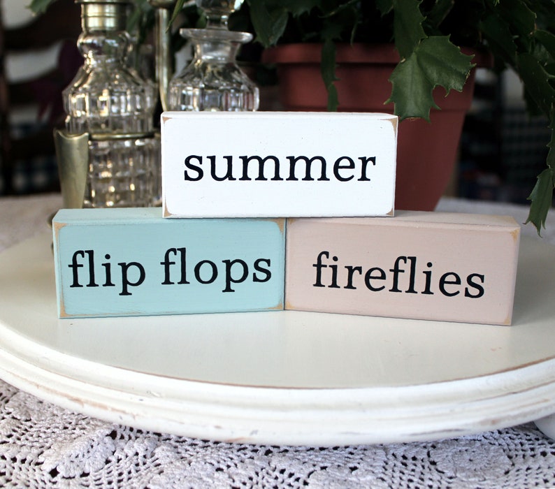 Set of 3 mini blocks. White, Tan, Aqua with black words Summer, Flip Flops, Fireflies.