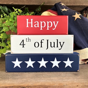 Patriotic Wood Sign Blocks, Happy 4th of July, Stacking Blocks, Shelf Sitter, Americana, Handcrafted Patriotic Decor