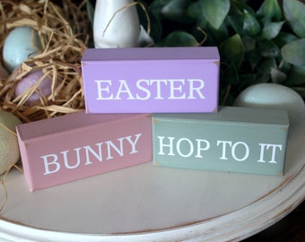 Easter Bunny Hop to It / Stacking Blocks / Mini Shelf Sitter / Easter Tiered Shelf Decor / Easter Decoration / Wood Sign