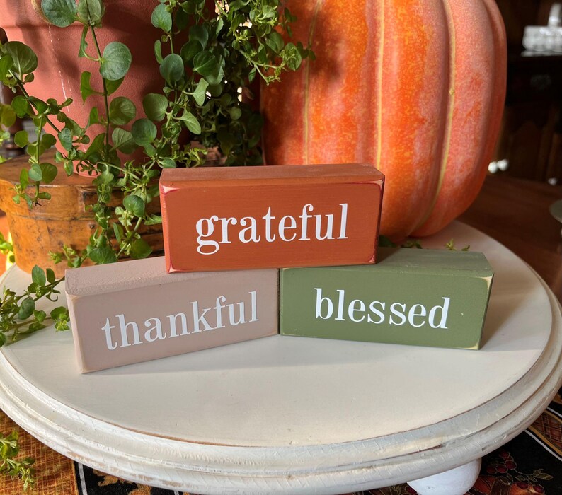 May include: Three wooden blocks with the words "grateful", "thankful", and "blessed" in white lettering. The blocks are in shades of orange, tan, and green. A large orange pumpkin and greenery are in the background.