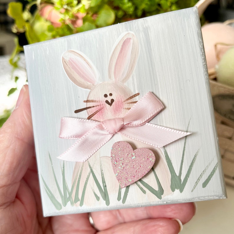 Bunny Mini Sign / Spring Decor / Tiered Tray Decor / Hand Painted / Easter Bunny /Bunny with Heart image 3