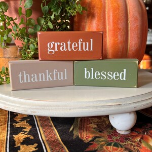 May include: Three rectangular wooden blocks with the words "grateful", "thankful", and "blessed" in white lettering. The blocks are painted in shades of orange, tan, and green. A large orange pumpkin and greenery are in the background.