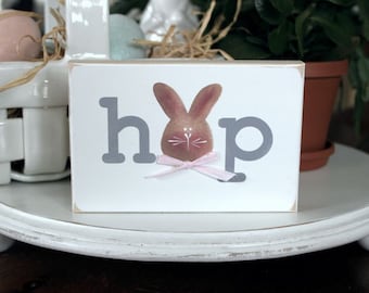 Bunny Hop Easter Mini Sign, Hand Painted, Tiered Tray Decor, Wood Sign Easter Decor