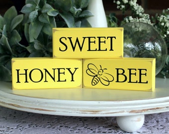 Sweet Honey Bee Mini Shelf Sitter Blocks Sand  Summer Decor,Summertime Stacking Blocks, Honey Bee Sign, Tiered Tray Decor