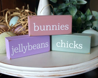 Bunnies Chicks Jellybeans / Stacking Blocks / Mini Shelf Sitter Blocks / Easter / Tiered Shelf Decor / Easter Decoration