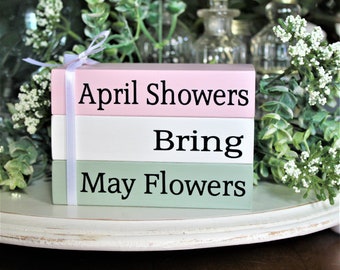 April Showers May Flowers Faux Book Stacking Blocks Springtime Decor Tiered Tray Decor
