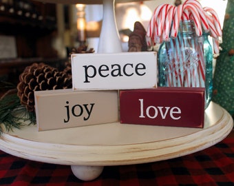 Peace Love Joy / Stacking Blocks / Christmas /Tiered Tray Decor / Christmas Sign / Mini Shelf Sitter Blocks /  Family