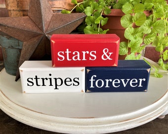 Stars and Stripes Forever Mini Shelf Sitter Blocks, 4th of July Wood Sign Patriotic Stacking Blocks Tiered Tray Decor Mini Sign Americana