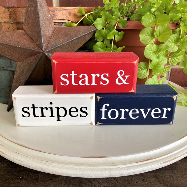 Stars and Stripes Forever Mini Shelf Sitter Blocks, 4th of July Wood Sign Patriotic Stacking Blocks Tiered Tray Decor Mini Sign Americana