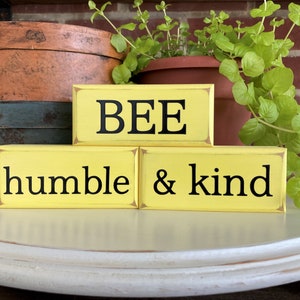 Bee Humble and Kind Mini Shelf Sitter Blocks Wood Sign Summertime Stacking Blocks, Honey Bee Sign, Tiered Tray Decor