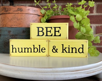 Bee Humble and Kind Mini Shelf Sitter Blocks Wood Sign Summertime Stacking Blocks, Honey Bee Sign, Tiered Tray Decor