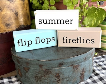 Summer Flip Flops Fireflies Mini Shelf Sitter Blocks - Summer Sign - Stacking Blocks -Tiered Tray Decor
