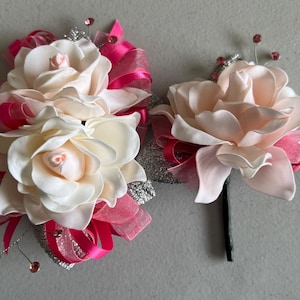 Pink Blush Gardenia Hot Pink Trim | Prom Corsage & Boutonnière  Set