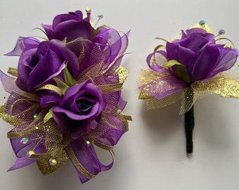 Purple Rose Gold Corsage & Boutonnière Set