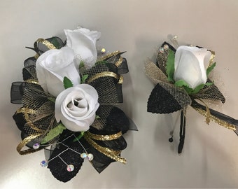 White Gold Black Silk Corsage & Boutonnière Set