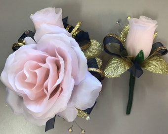 Pink Rose Navy Gold Corsage & Boutonnière Set