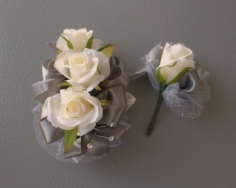 Ivory Roses Silver Corsage Set | Prom Wedding Formals