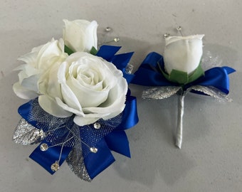 White Rose Royal Blue Silver Corsage & Boutonnière Set (artificial flowers)