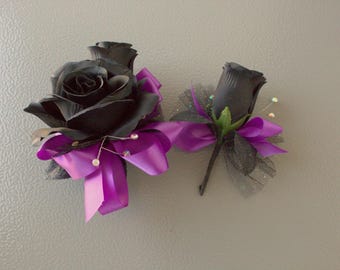 Black Rose Purple Corsage & Boutonnière Set | Prom Wedding Formals Homecoming