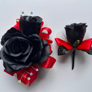 black prom dress with red corsage Red wrist corsage