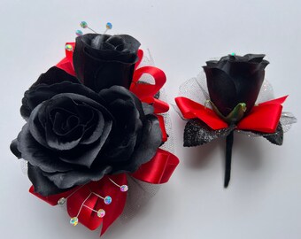 Black Rose Red Corsage & Boutonniere Set Wedding Prom Anniversary Formal