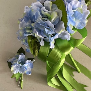 Blue Green Hydrangea Silk Apple Green Satin Bouquet Wedding Prom Toss