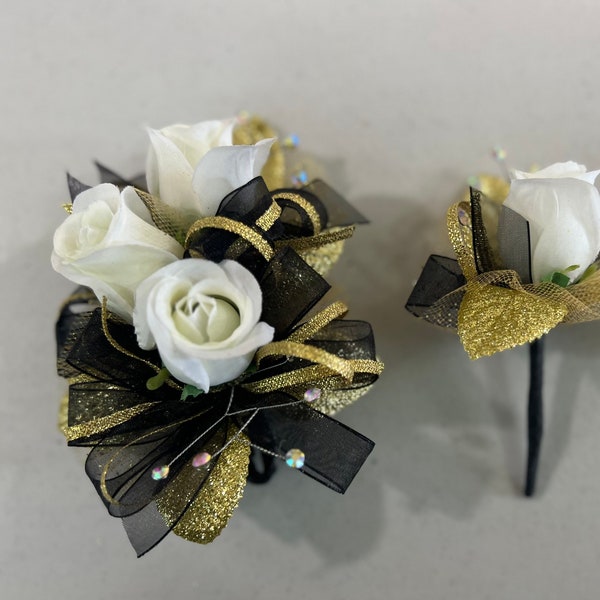 Black Gold White Rose Corsages & Boutonnières Wedding Anniversary Prom Formal