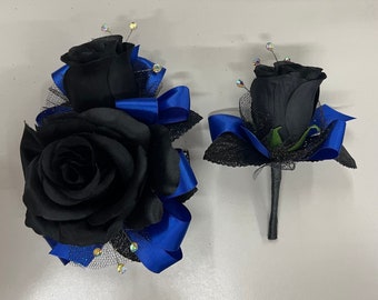 Black Rose Royal Blue Corsage & Boutonnière Set (artificial flowers)