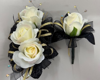 Black Gold Ivory Rose Corsages & Boutonnières | Prom Wedding Anniversary Prom Formal