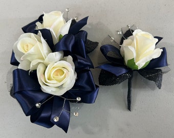 Ivory Rose Navy Blue Corsage & Boutonnière Set Prom Wedding