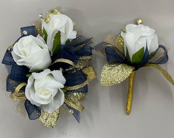 Corsage and Boutonniere Set | White Roses Navy Gold Wedding Prom Homecoming