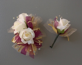 Ivory Rose Burgundy Gold Corsage and Boutonniere Set | Prom Homecoming Weddings Formals