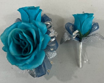 Teal Rose Navy Silver Corsage & Boutonnière Prom Wedding Quince Mother's Day