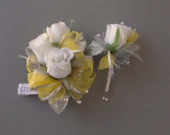 Corsages & Boutonniere Set | White Rose Yellow Ribbon Wedding Prom Anniversary Formal