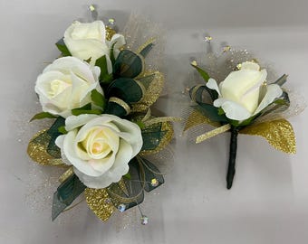 Ivory Rose Emerald Green Gold Corsage & Boutonnière Set | Prom Wedding Formal Homecoming