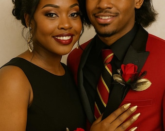 Red Rose with Black and Gold Accents - Prom Corsage and Boutonniere Set | Faux Flowers, Keepsake