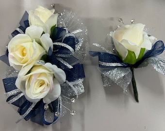 Ivory Rose Navy Blue Silver Corsages & Boutonnieres Wedding Prom Quinceañera