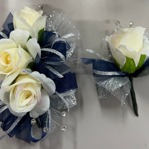 Ivory Rose Navy Blue Silver Corsages & Boutonnieres Wedding Prom Quinceañera
