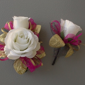 White Rose Fuchsia Gold Prom Corsage & Boutonnière Set