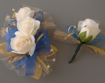 Ivory Rose Royal Blue Ribbon Corsage & Boutonnière Set