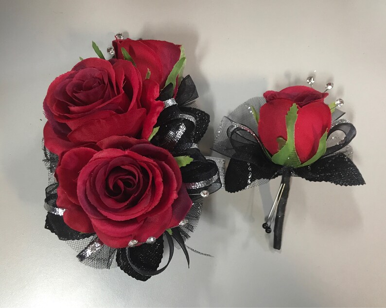 Red Rose Wrist Corsage With Black Trim