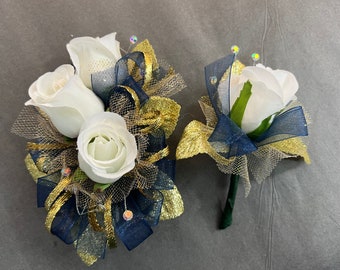 White Rose Navy Blue Gold Corsages & Boutonnieres Wedding Prom Quinceañera