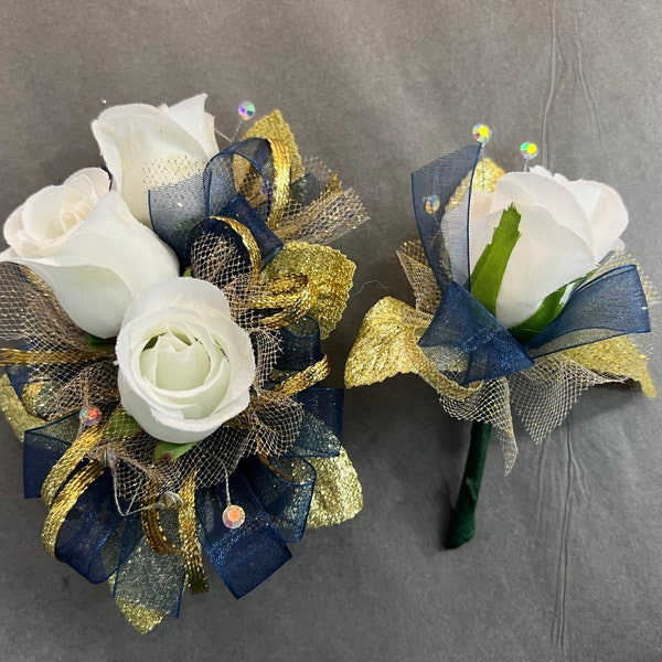 White Rose Navy Blue Gold Corsages & Boutonnieres Wedding Prom Quinceañera