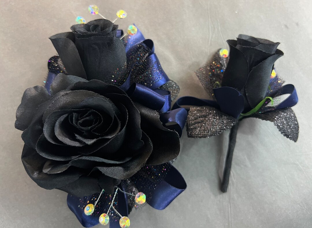 Prom Corsage and Boutonniere Set - Black Roses, Navy Satin | Faux ...