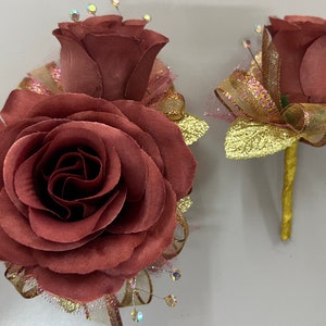 Copper Rose Corsage & Boutonniere Set with Rhinestone Wristband | Wedding Prom Anniversary