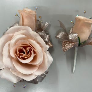 Pink Roses, Rose Gold Trim | Prom Corsage & Boutonnière  Set