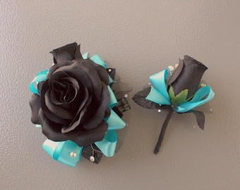 Black Rose Aqua Ribbon | Prom Corsage & Boutonnière Set
