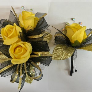 Yellow Rose Black Corsage & Boutonniere Set | Prom Anniversary Formal Weddings