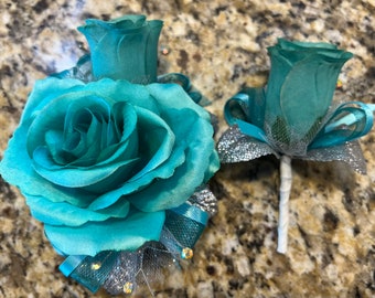 Teal Rose Corsage & Boutonnière Set Prom Formal Wedding Quince